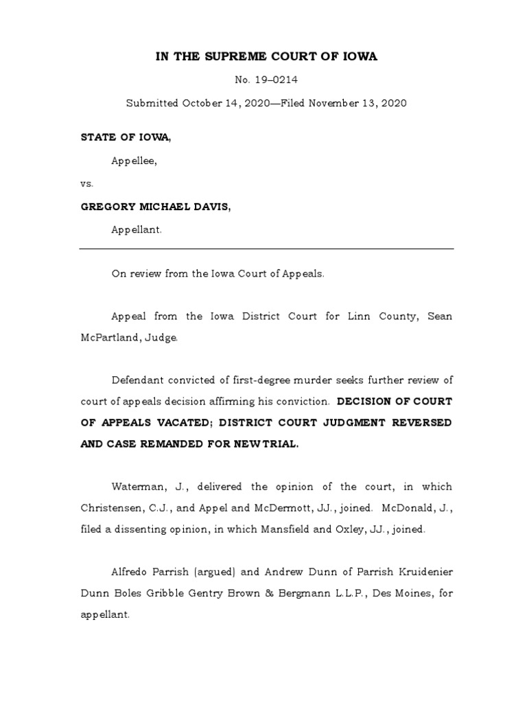 State of Iowa vs. Gregory Michael Davis (Supreme Court of Iowa, 11-13 ...