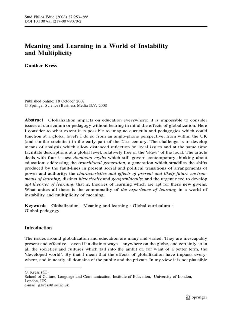 Meaning and Learning in A World of Instability Gunther Kress PDF
