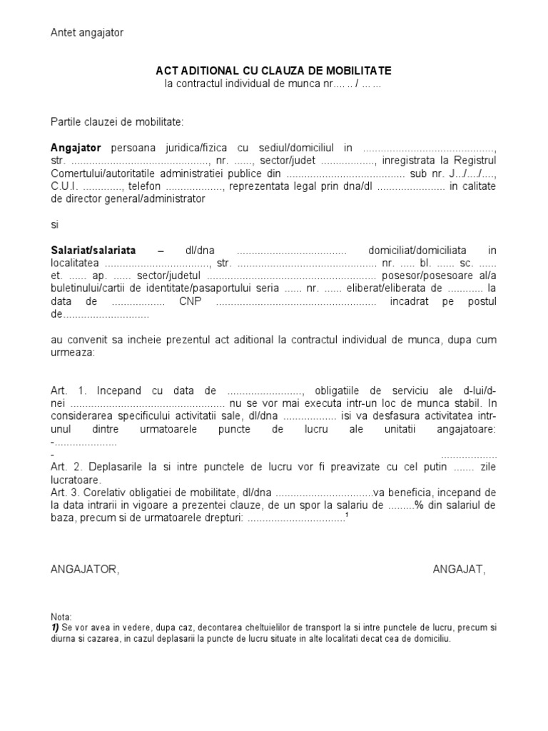 Model Act Aditional Cu Clauza de Mobilitate | PDF