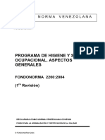 NTF 2260-2004 Programa de Higiene y Seguridad Ocupacional Aspectos Generales