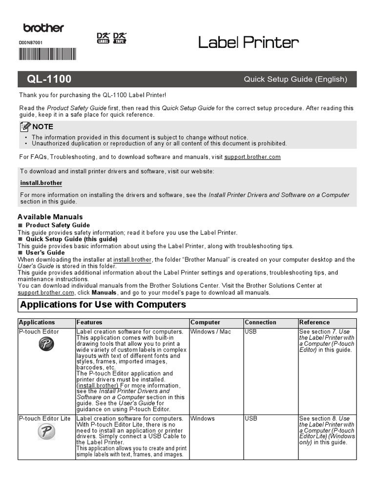 Brother QL1100 Label Printer PDF Application Software Mobile App