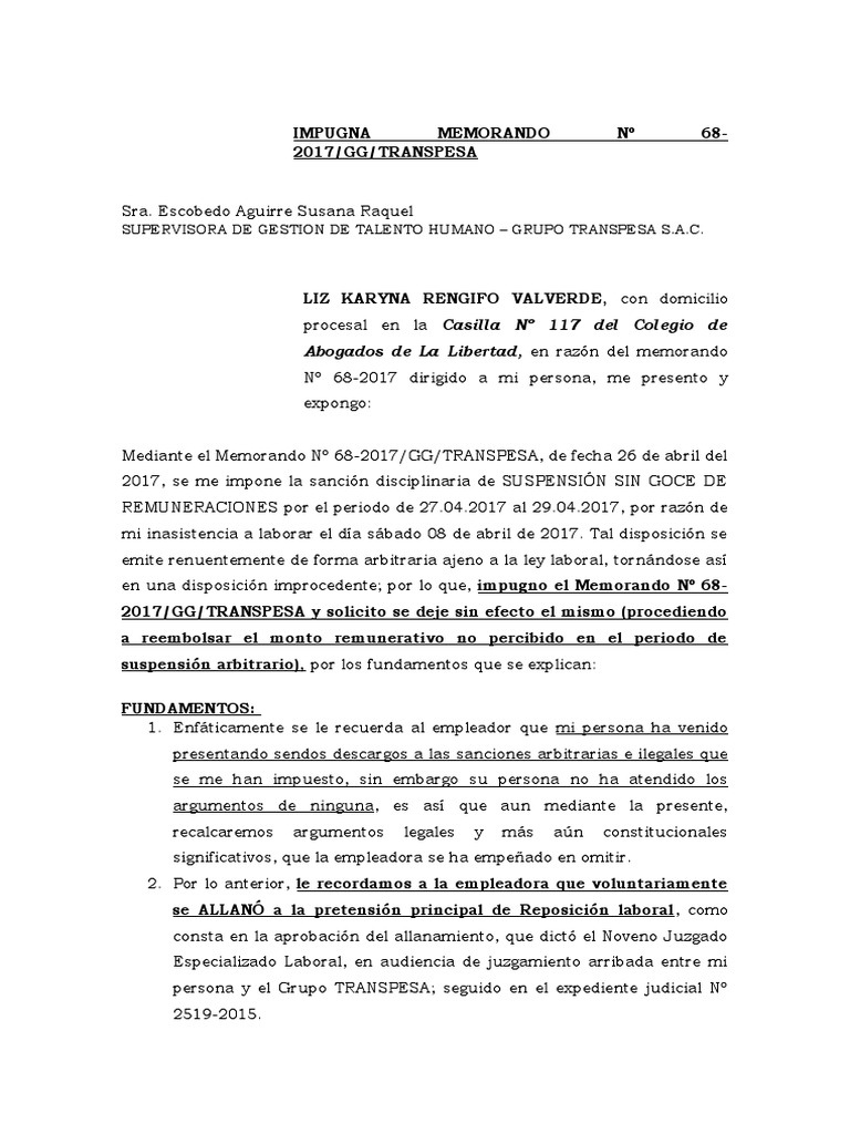 Impugnación a Sanción Laboral de Karyna Rengifo | PDF | Virtud | Gobierno