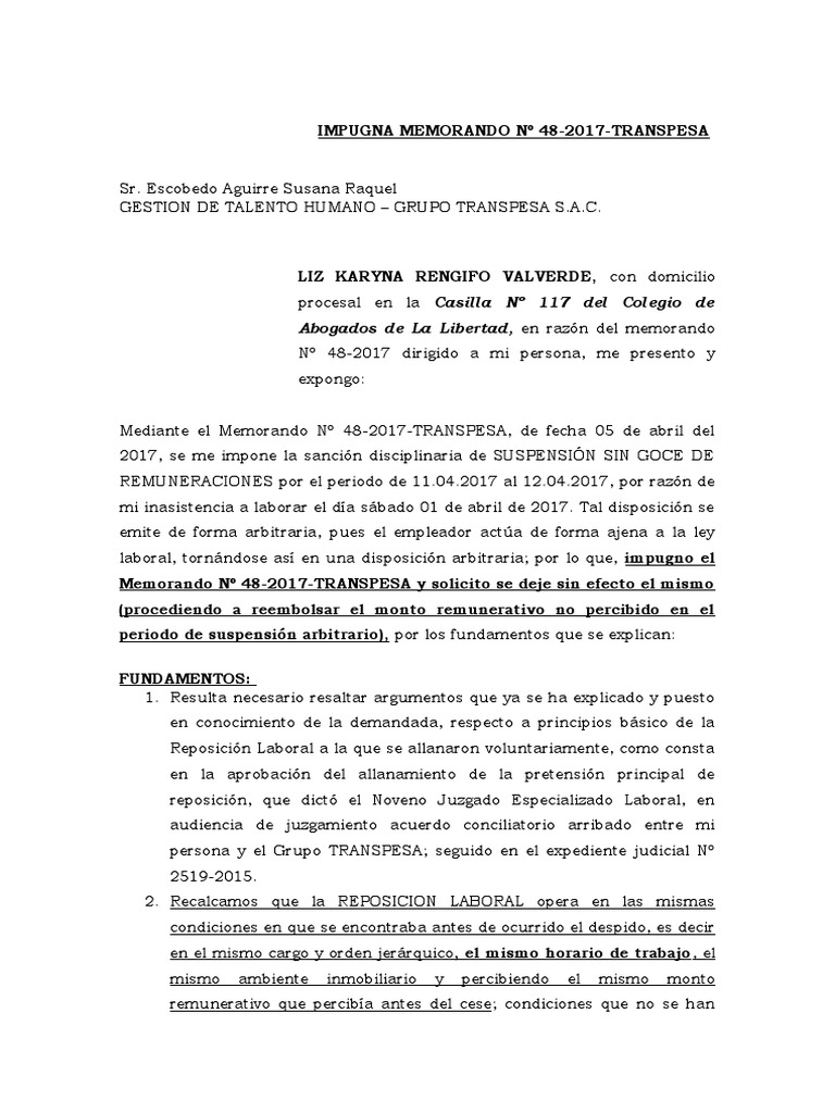 Karyna Rengifo - Impugna Memorando 48-2017 | PDF | Derecho laboral ...