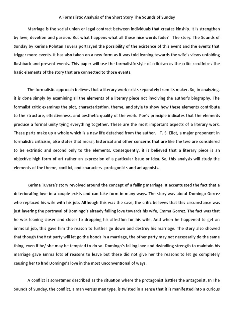 A Formalistic Analysis of The Short Story The Sounds of Sunday | PDF |  Marriage