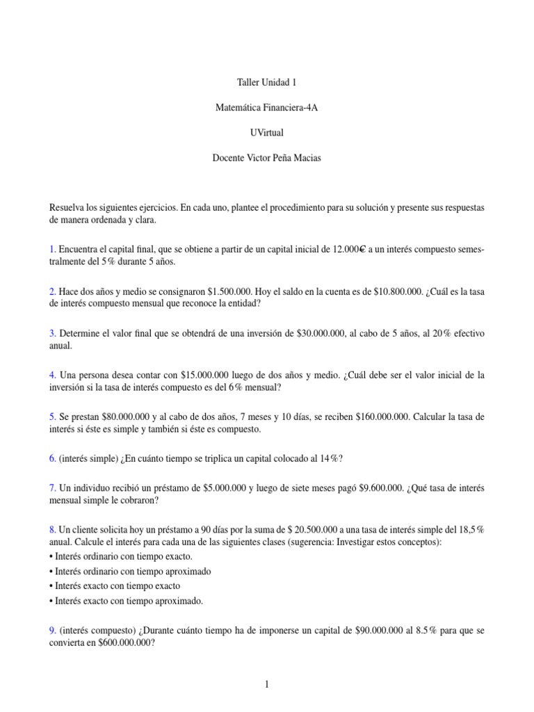Ejercicios - Unidad - 1 - Matematica - Financiera 4A | PDF | Tasas de ...