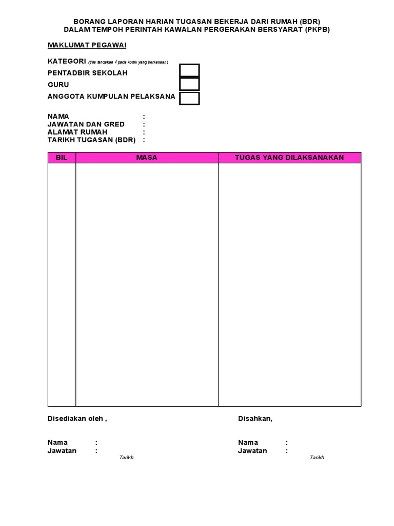 Borang Laporan Harian Tugasan Bekerja Dari Rumah