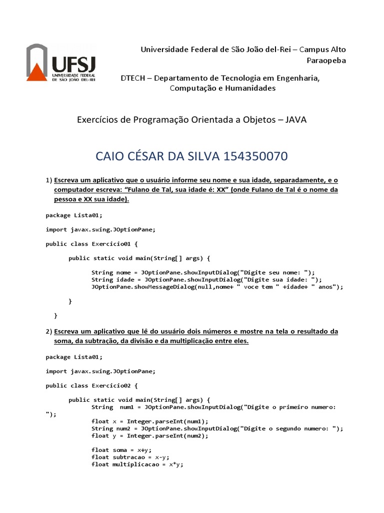 Exercícios de Java com JOptionPane | PDF | Programação de computadores ...