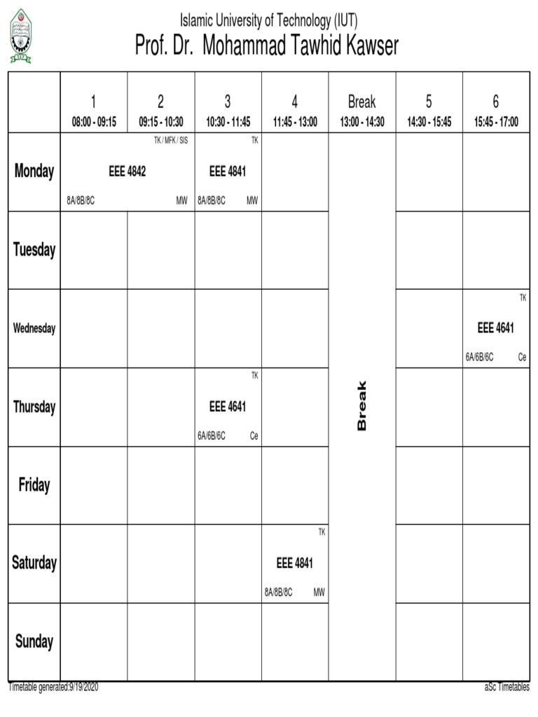 IUT Class Timetable for EEE Courses | PDF
