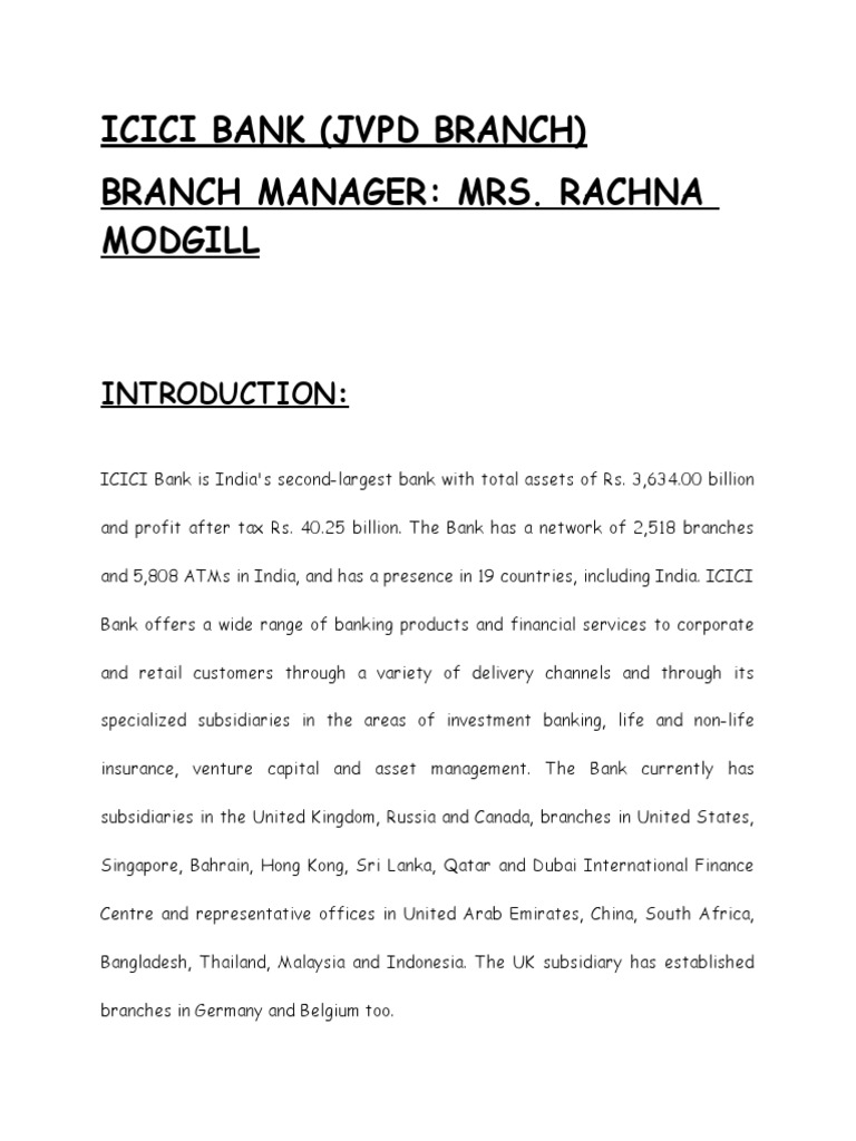 Icici Bank (JVPD Branch) Branch Manager: Mrs. Rachna Modgill | PDF ...