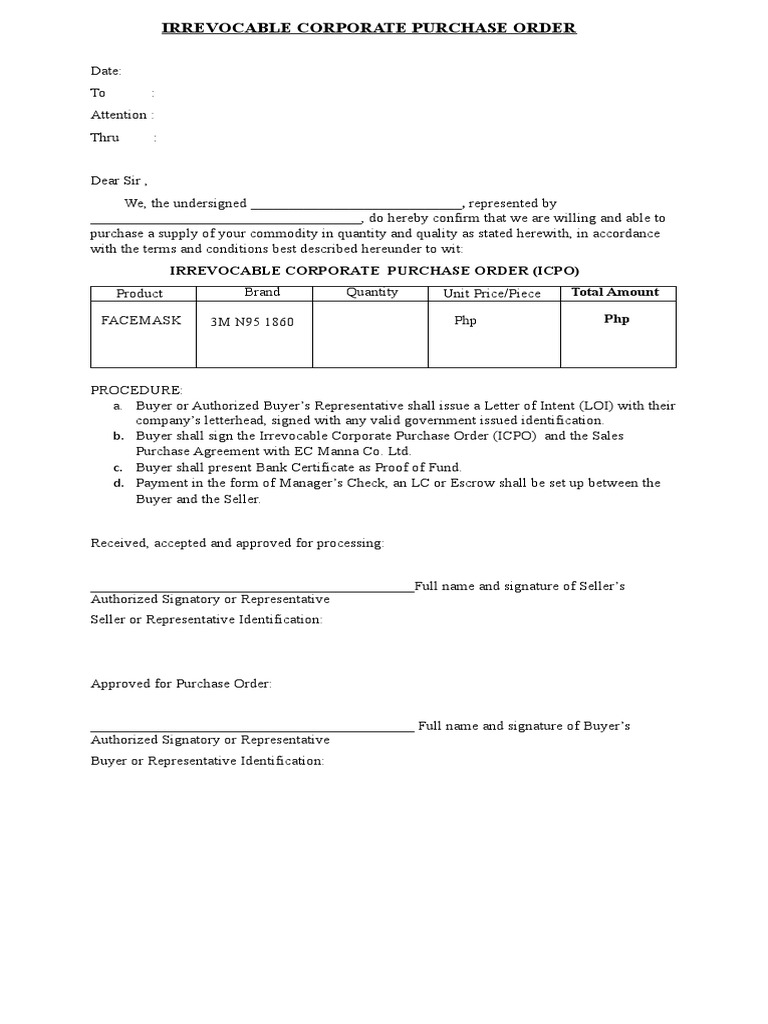 Irrevocable Corporate Purchase Order | PDF