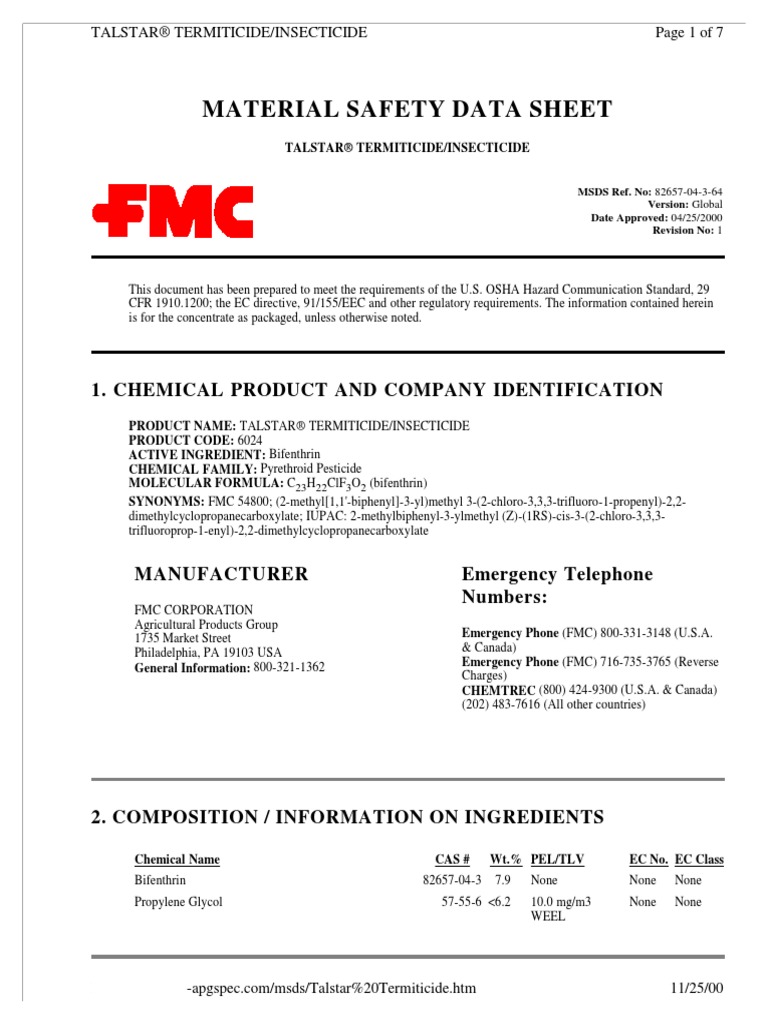 Material Safety Data Sheet 1. Chemical Product and Company