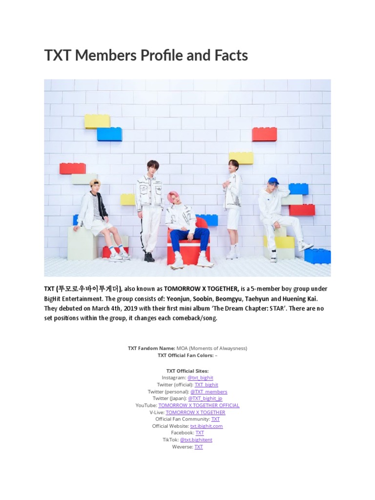 TXT Members Profile and Facts: TXT (투모로우바이투게더), also known as TOMORROW ...