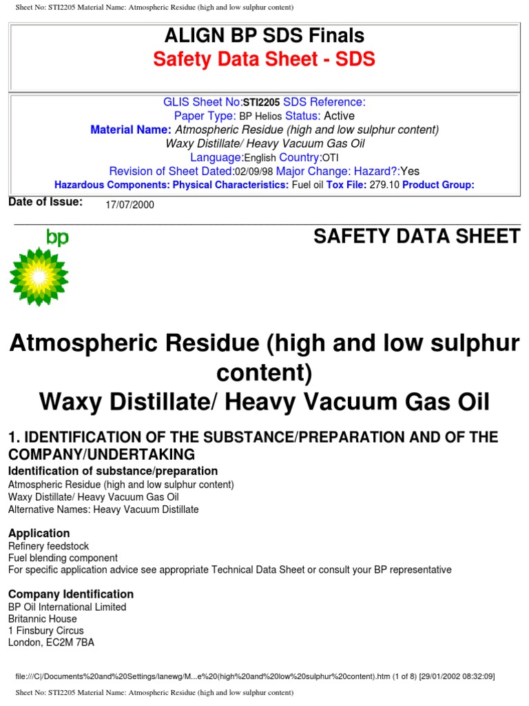 Atmospheric Residue (High and Low Sulphur Content) Waxy Distillate