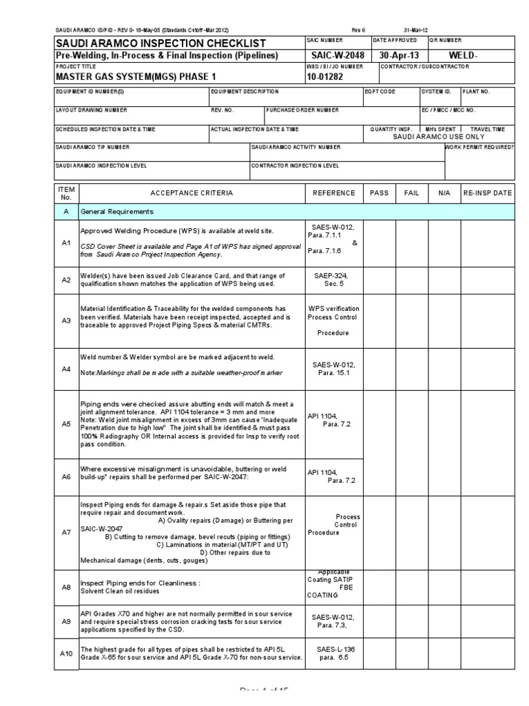 Saudi Aramco Inspection Checklist PDF Welding Construction