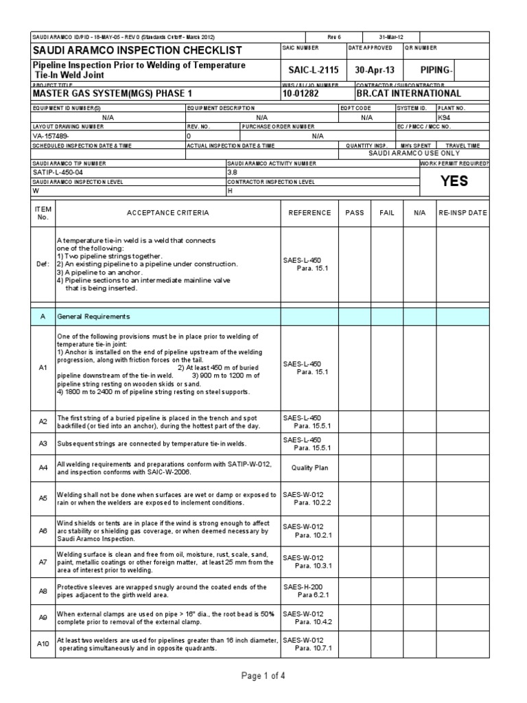 Saudi Aramco Inspection Checklist | PDF | Pipeline Transport | Welding