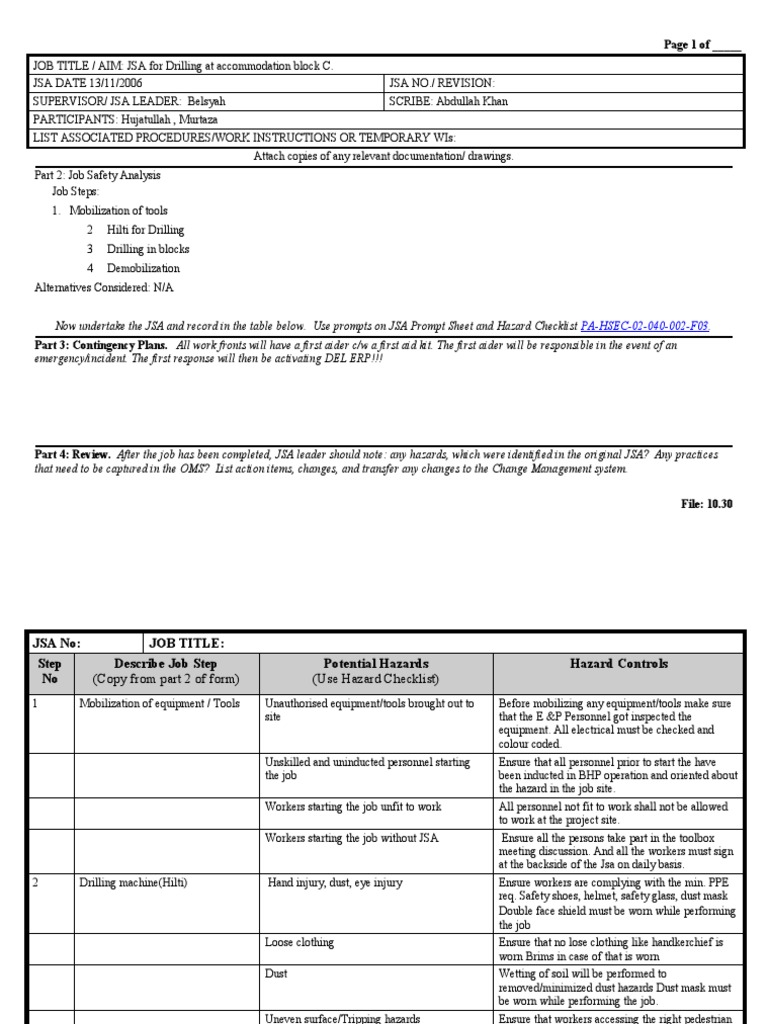 Jsa For Drilling. PDF Safety Prevention