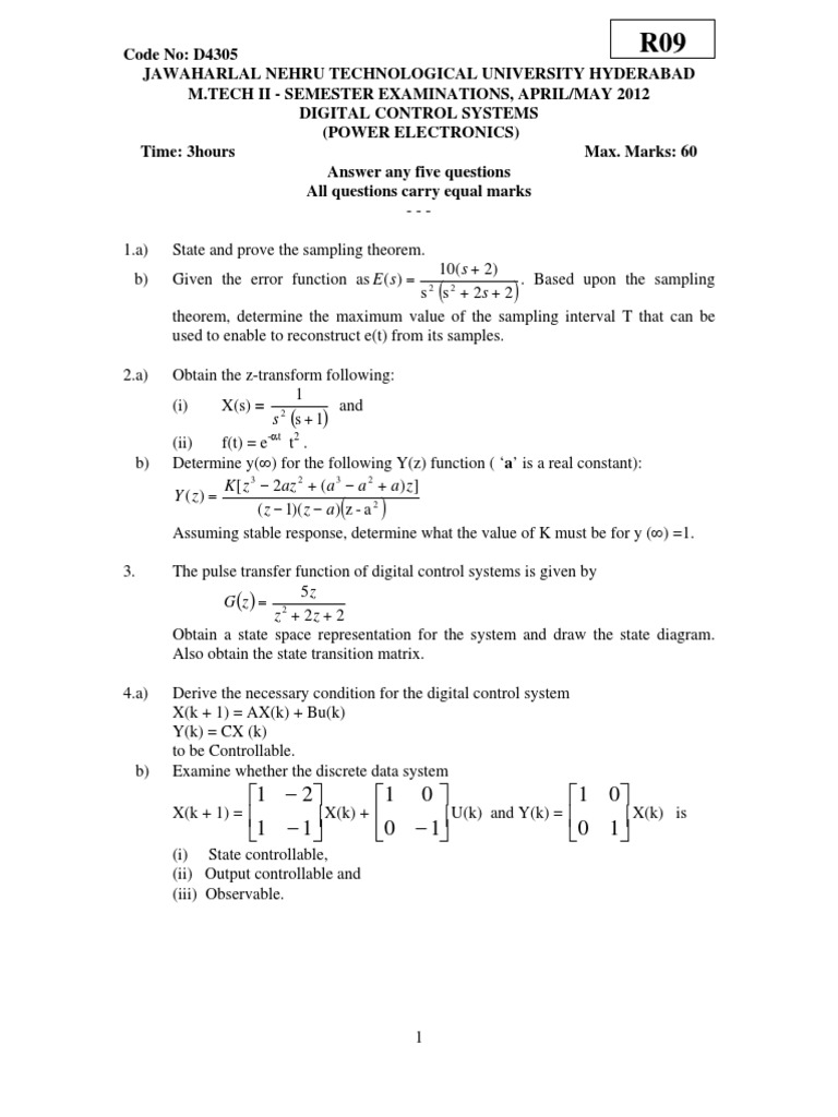 Digital Control Systems Exam Questions | PDF | Control Theory ...