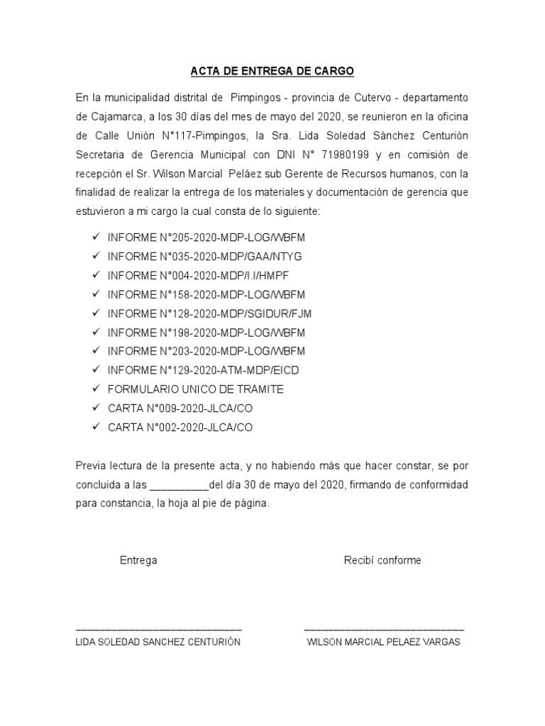 Acta de Entrega de Cargo Municipal | PDF