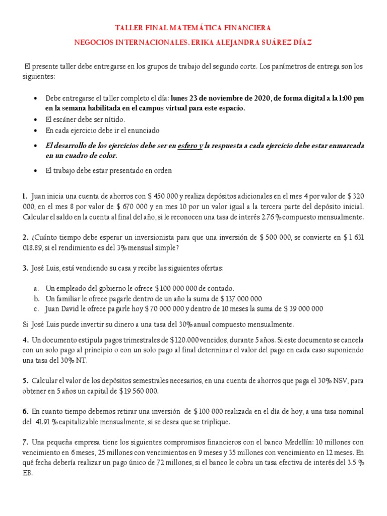 Taller Final Financiera - 20202 | PDF | Tasas de interés | Interés