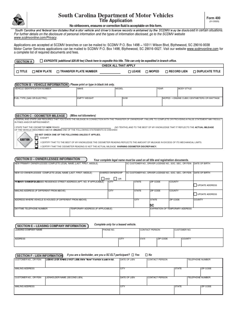 South carolina department of motor vehicles title application pdf