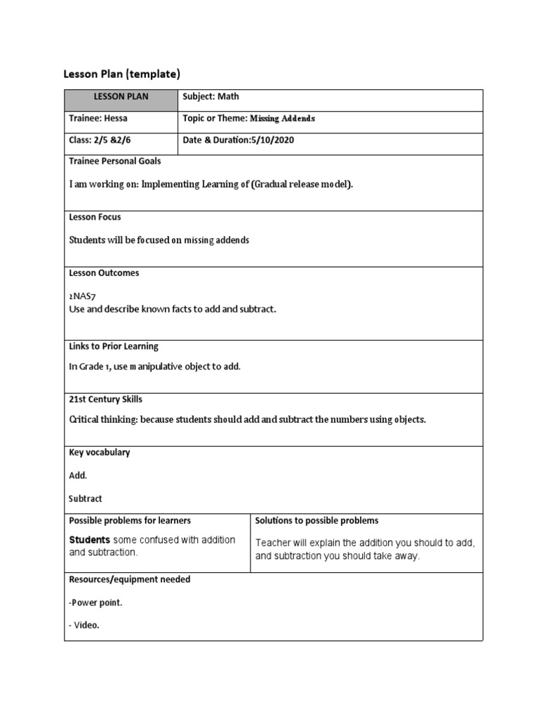 Missing Addends Lesson Plan for Grade 2 | PDF | Lesson Plan ...