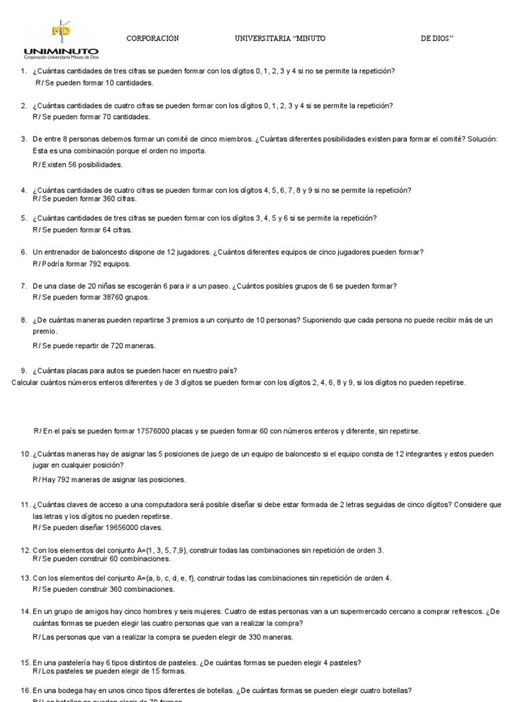Taller de Combinaciones y Permutaciones | PDF | Ocio | Deportes
