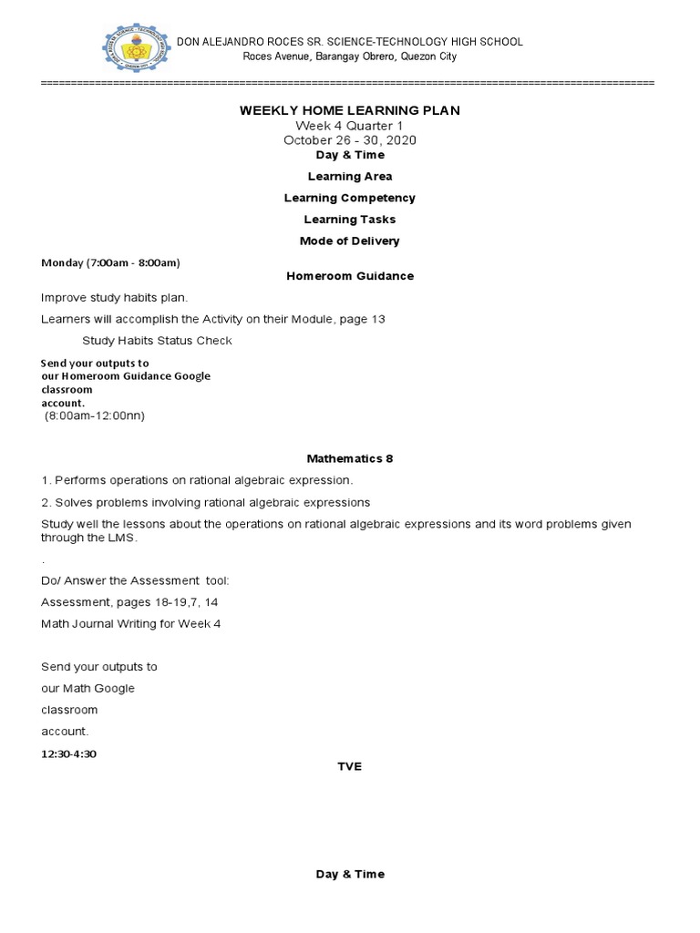 Weekly Home Learning Plan: Week 4 Quarter 1 October 26 - 30, 2020 | PDF ...