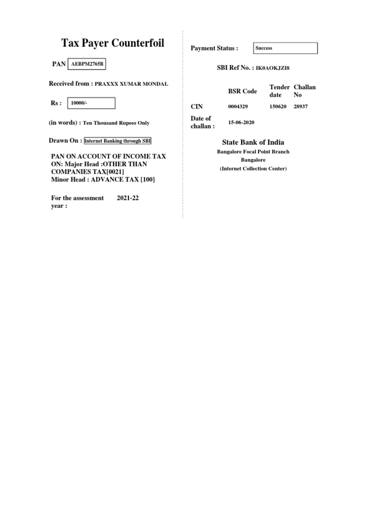 Tax Payer Counterfoil: State Bank of India | PDF