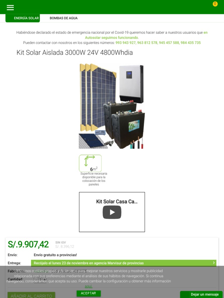 Kit Solar Fotovoltaico 1000W 12V 3000Whdia con Batería de Gel