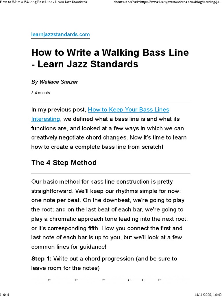 A 4Step Method for Writing Walking Bass Lines to Learn Jazz Standards