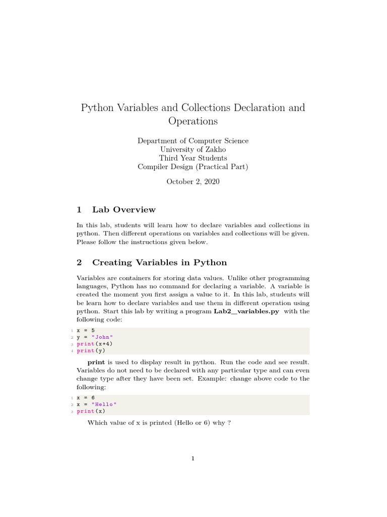 Python Variables and Collections Declaration and Operations: 1 Lab ...