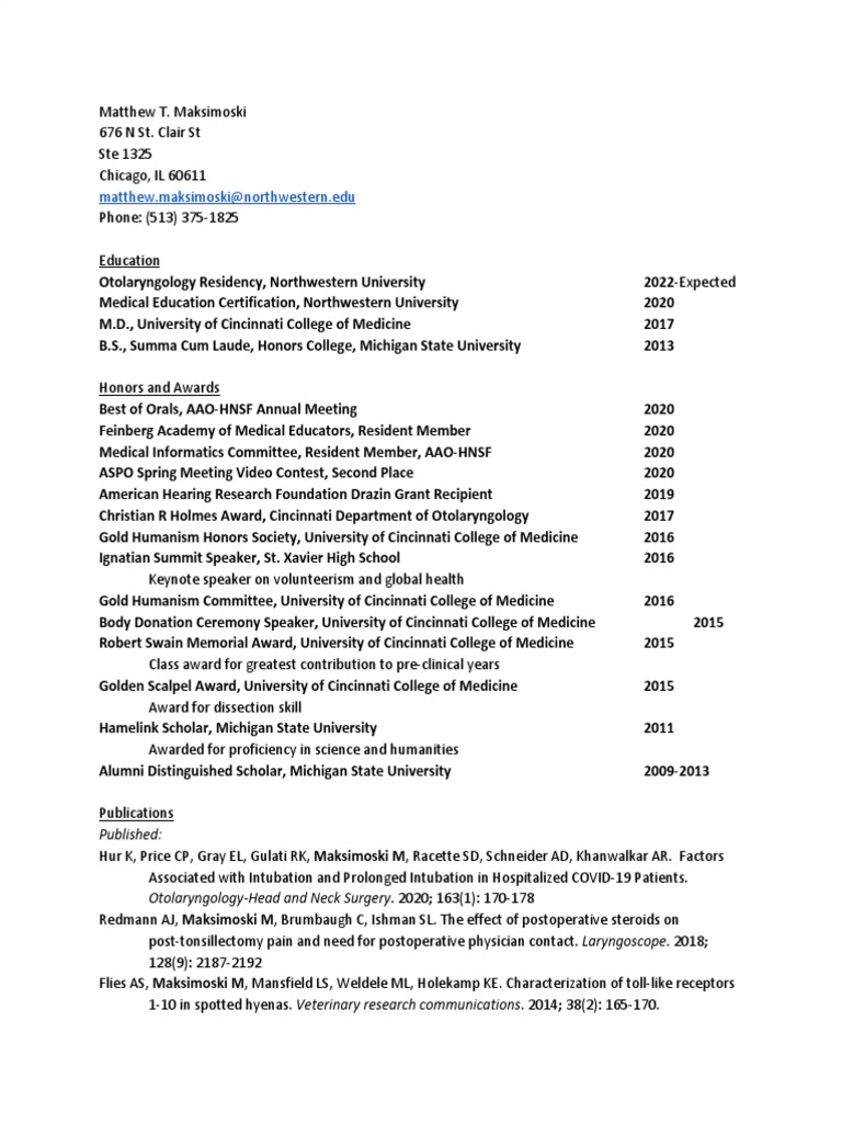 Maksimoski Cv Medical School Residency Medicine