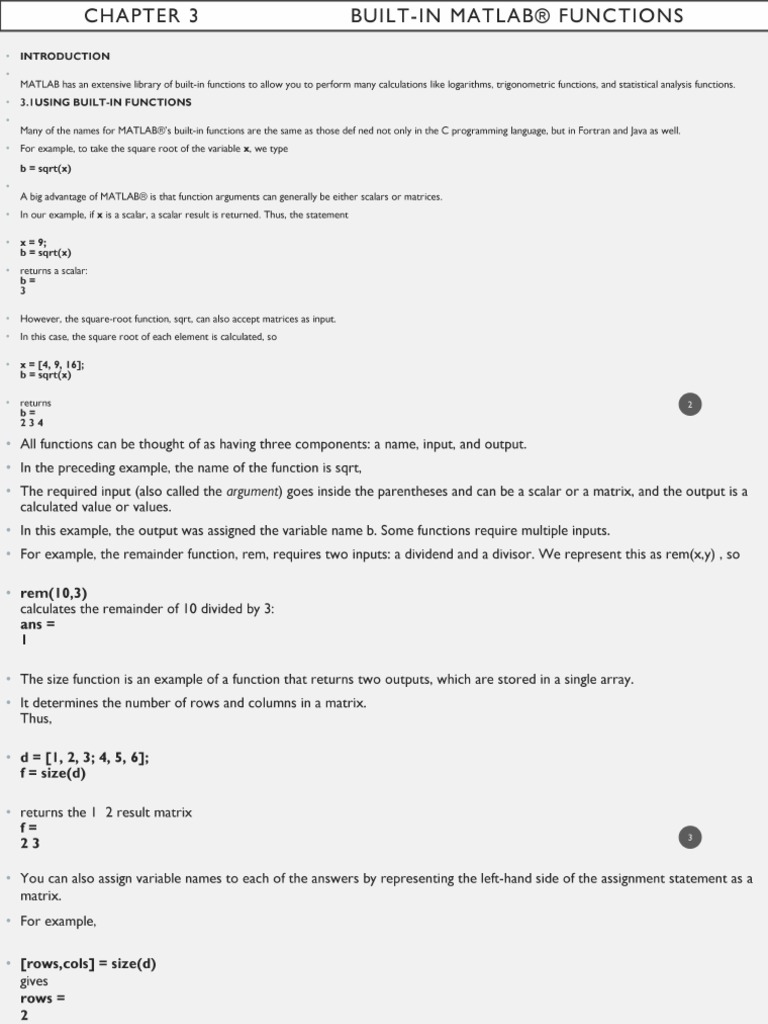 Chapter 3 Built-In MATLAB Functions Part 1 | PDF