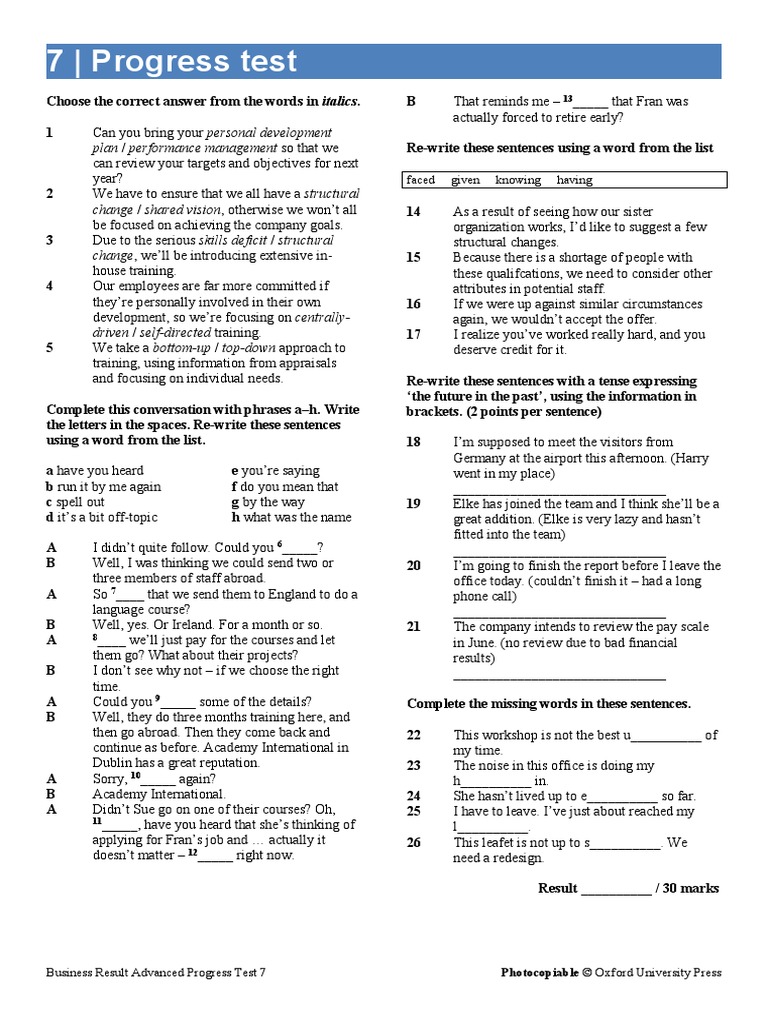 7 - Progress Test: Plan / Performance Management So That We | PDF | Top ...