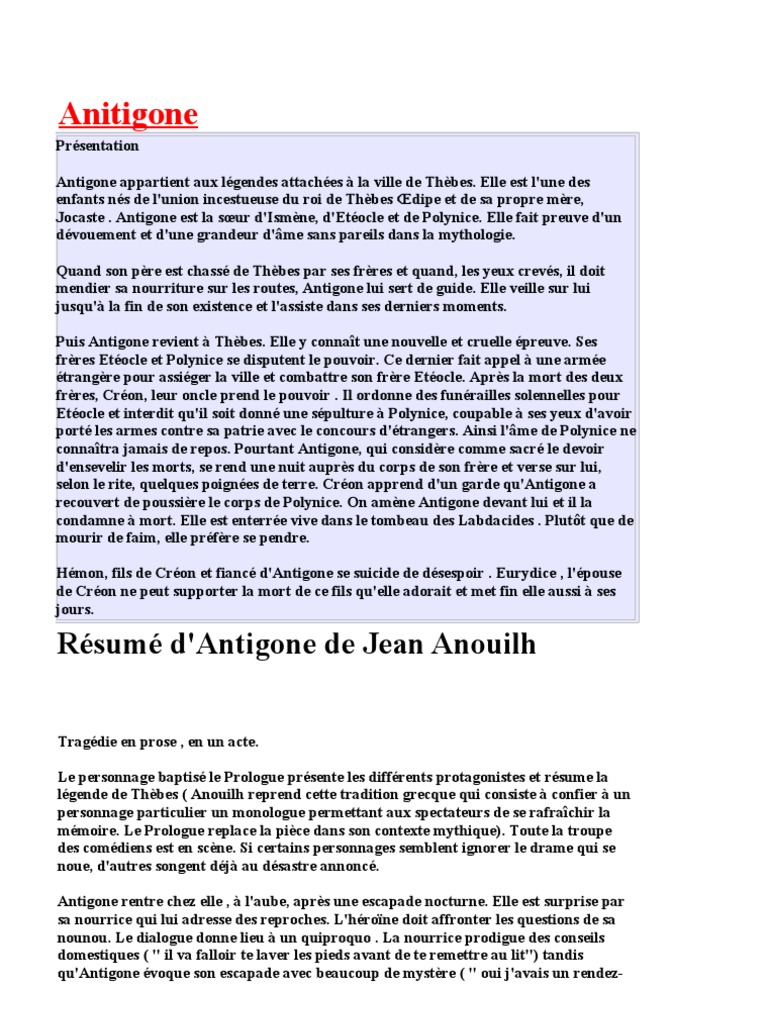 Résumé De L Histoire D Antigone  Aperçu Historique