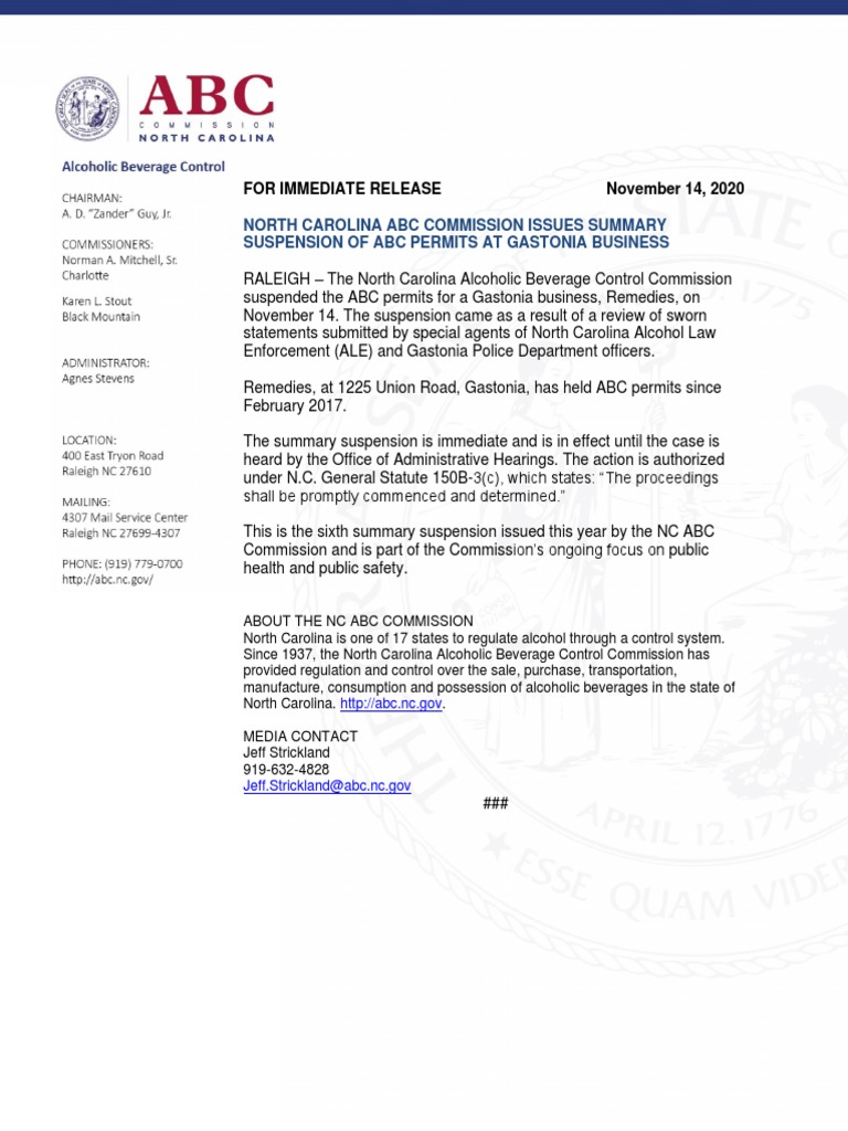 NC ABC Commission Issues Summary Suspension of ABC Permits at Gastonia ...