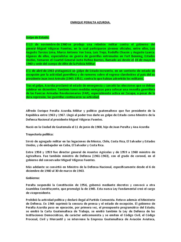 El golpe de Estado y gobierno de Enrique Peralta Azurdia en Guatemala PDF Guatemala Gobierno