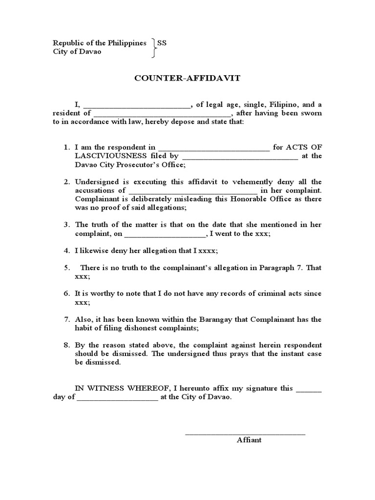 Davao Counter-Affidavit for Lasciviousness Case | PDF