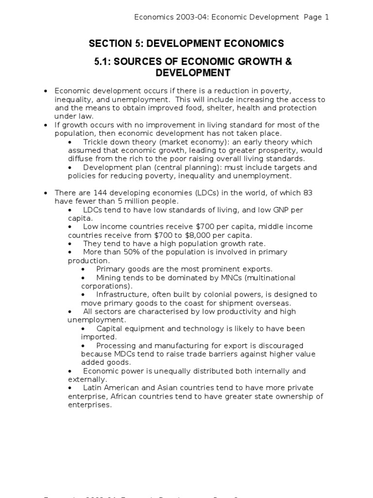 Section 5 Development Economics 5.1 Sources of Economic Growth