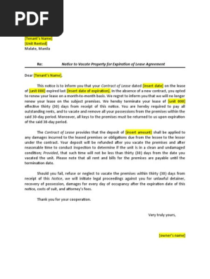 Notice to Vacate - 