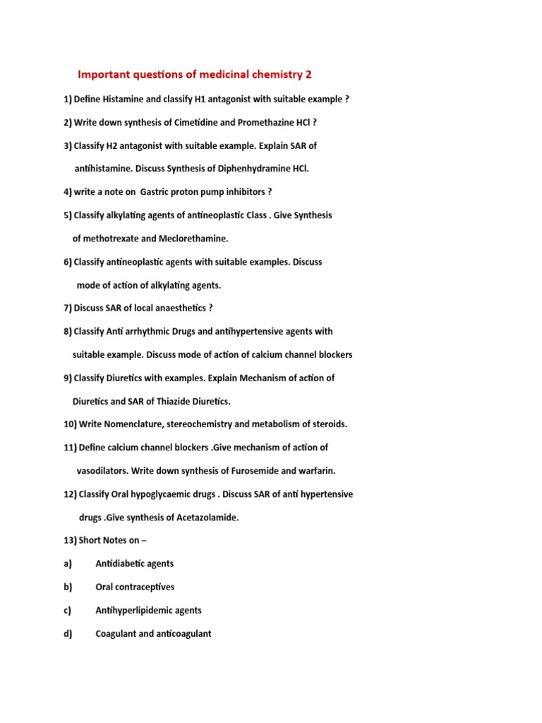 Important Questions of Medicinal Chemistry 2 | PDF