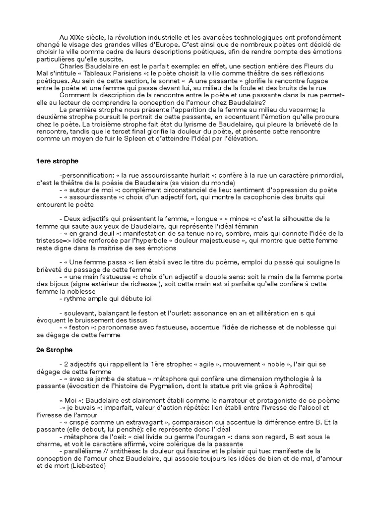 A Une Passante Analyse Pdf Charles Baudelaire Les Fleurs Du Mal