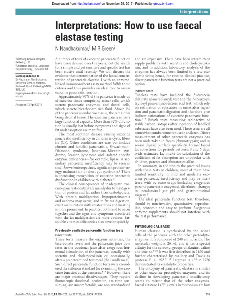 Interpretations How To Use Faecal Elastase Testing PDF Pancreas