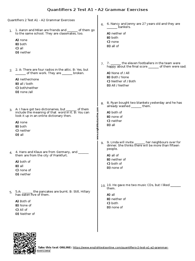 463 - Quantifiers 2 Test A1 A2 Grammar Exercises PDF | PDF