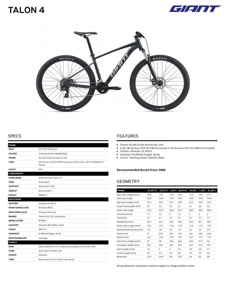 Giant Talon 2 Specifications PDF Outdoor Recreation