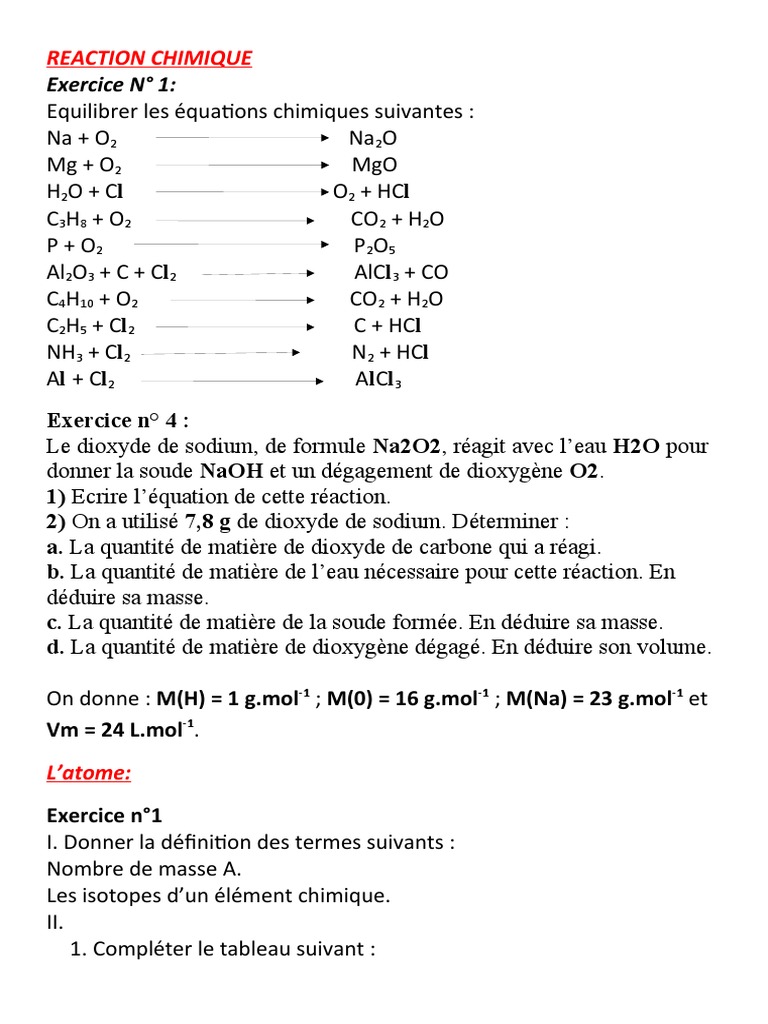 Exercices sur les réactions chimiques | PDF | Tension électrique ...