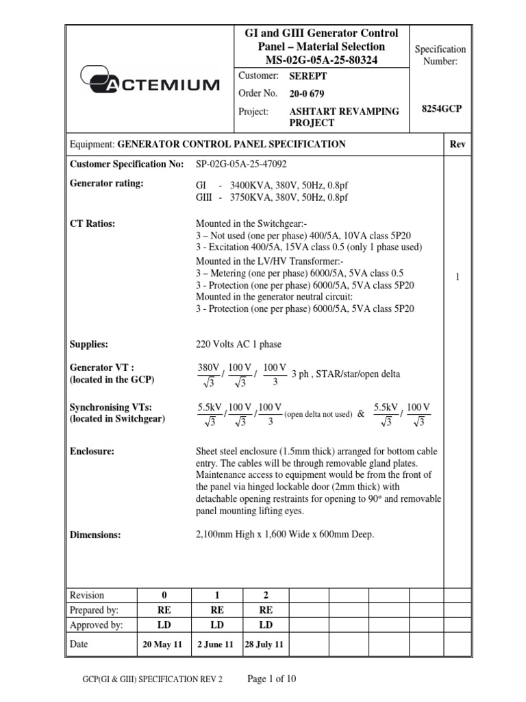 GCP Generator Control Panel Specs | PDF | Mains Electricity | Switch