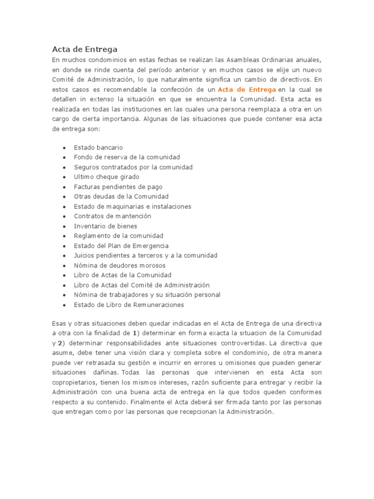 Modelo Acta de Entrega de Condominio | PDF | Condominio | Cheque