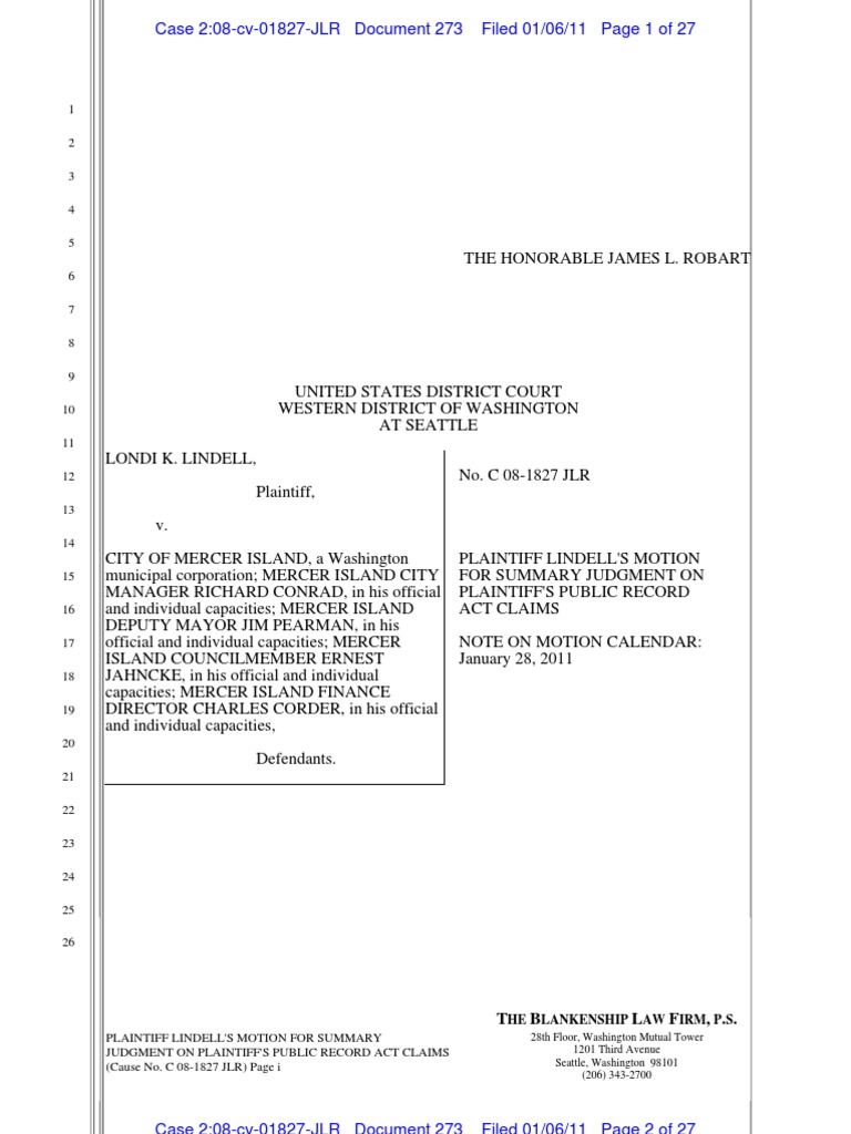 273 Pl's Motion For Summary Judgment On Pl's Public Record Act