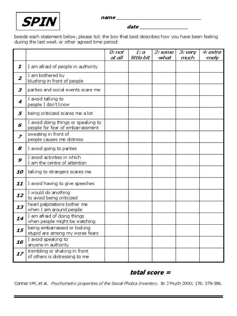 Social Anxiety Assessment Tool: SPIN | PDF | Social Anxiety | Social ...